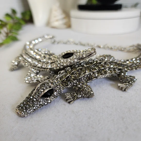 Large Statement Silver with Cubic Zirconia Crystals Double Alligator Necklace - Picture 6 of 9